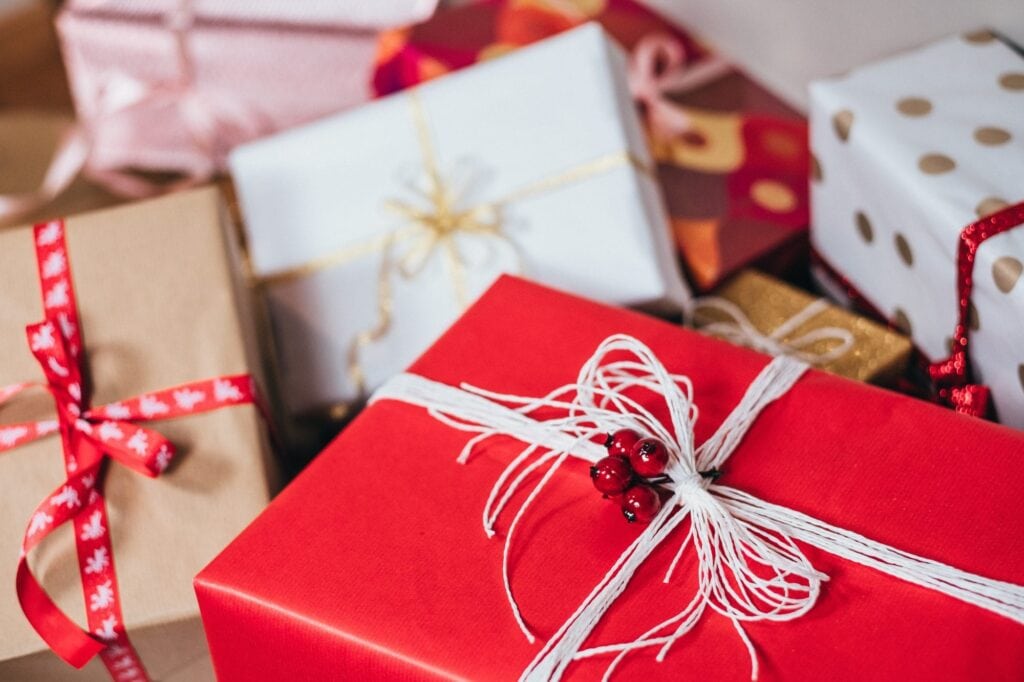 wrapped red and white gifts