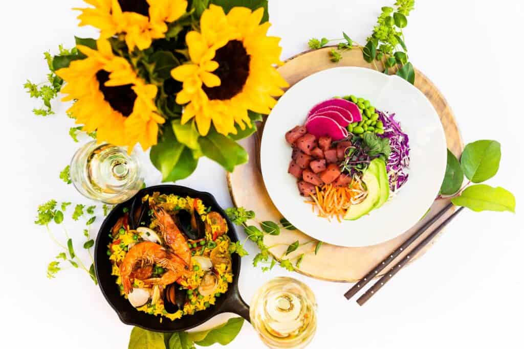 paella and poke bowl