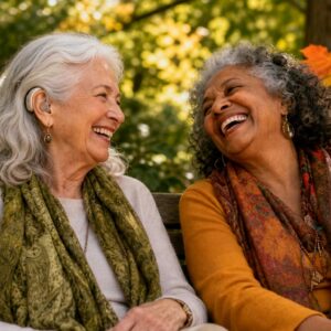 Under,The,Soft,Glow,Of,An,Autumn,Afternoon,,Two,Graceful Senior Ladies, One of them Wears a Visible Hearing Aid