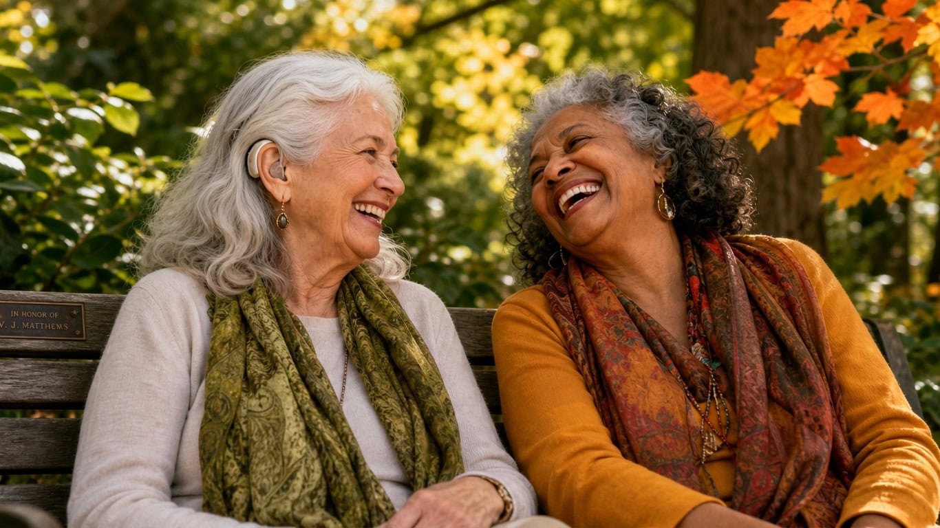 Under,The,Soft,Glow,Of,An,Autumn,Afternoon,,Two,Graceful Senior Ladies, One of them Wears a Visible Hearing Aid